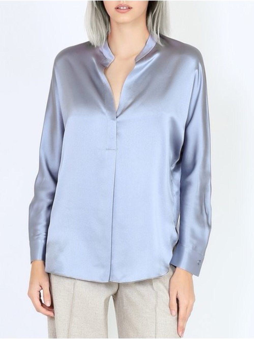 Vince 100% Silk Satin Band-Collar Blouse • L • Piero Blue